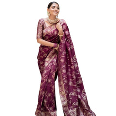 Mayawye Women's Silk Printed Saree With Unstitched Blouse 5.5Mtr (Wine)