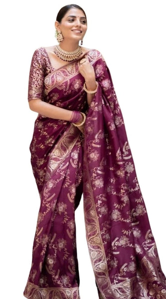 Mayawye Women's Silk Printed Saree With Unstitched Blouse 5.5Mtr (Wine)