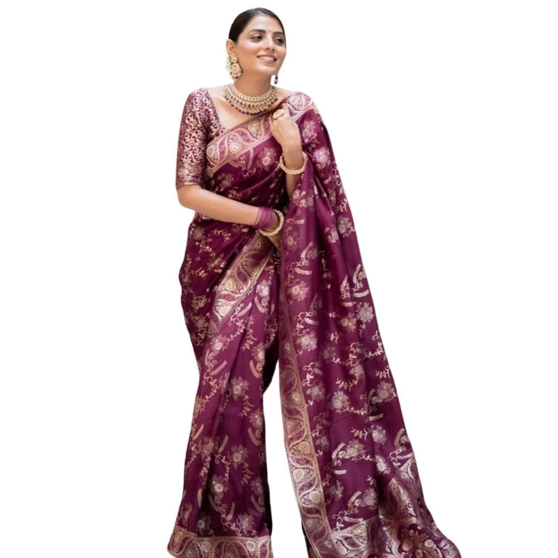 Mayawye Women's Silk Printed Saree With Unstitched Blouse 5.5Mtr (Wine)