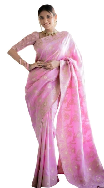 Mayawye Women's Silk Printed Saree With Unstitched Blouse 5.5Mtr (Pink)