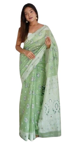 Mayawye Women's Cotton  Printed Saree With Unstitched Blouse 5.5Mtr (Pista)