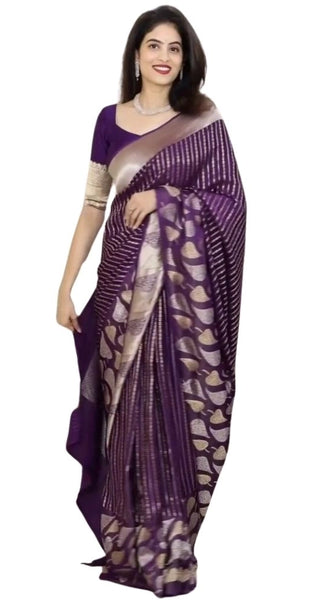 Mayawye Women's Silk Printed Saree With Unstitched Blouse 5.5Mtr (Purple)