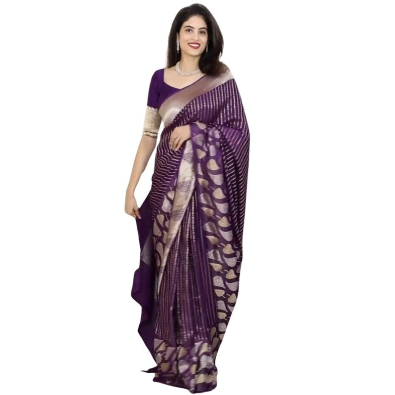 Mayawye Women's Silk Printed Saree With Unstitched Blouse 5.5Mtr (Purple)