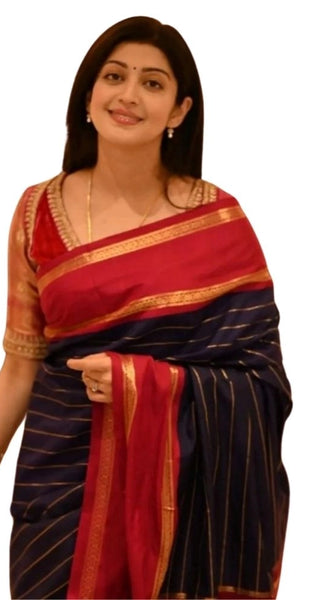 Mayawye Women's Silk Printed Saree With Unstitched Blouse 5.5Mtr (Navy Blue)