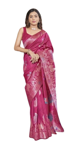 Mayawye Women's Silk Printed Saree With Unstitched Blouse 5.5Mtr (Rani Pink)