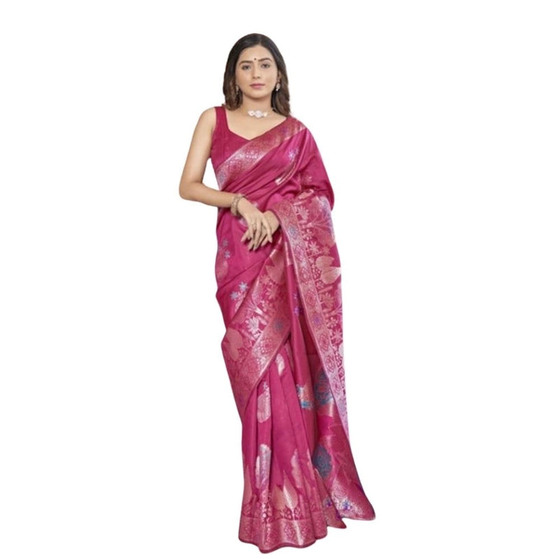Mayawye Women's Silk Printed Saree With Unstitched Blouse 5.5Mtr (Rani Pink)