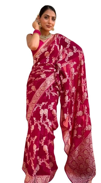 Mayawye Women's Silk Printed Saree With Unstitched Blouse 5.5Mtr (Pink)