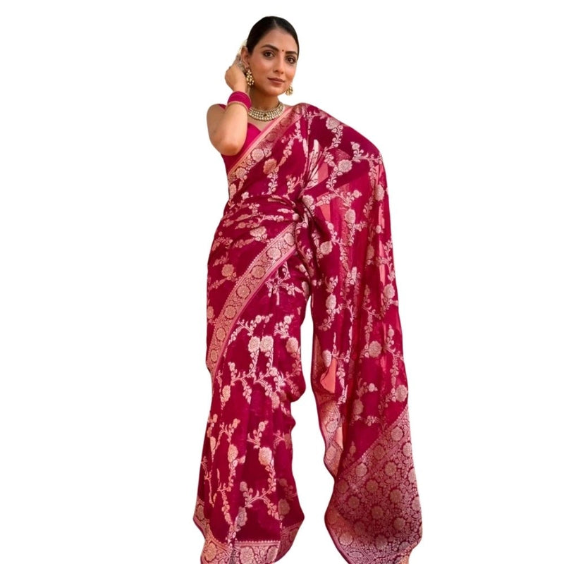 Mayawye Women's Silk Printed Saree With Unstitched Blouse 5.5Mtr (Pink)
