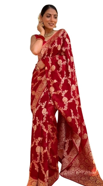 Mayawye Women's Silk Printed Saree With Unstitched Blouse 5.5Mtr (Red)