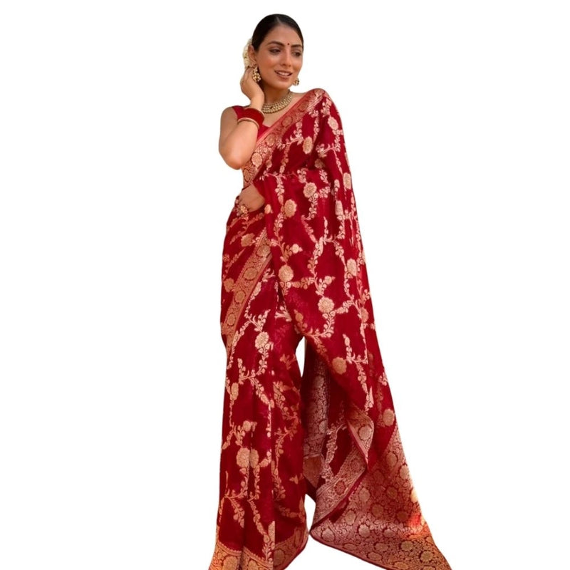 Mayawye Women's Silk Printed Saree With Unstitched Blouse 5.5Mtr (Red)