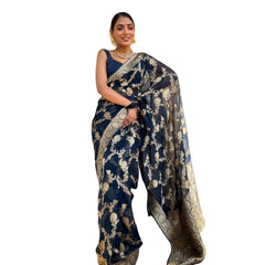 Mayawye Women's Silk Printed Saree With Unstitched Blouse 5.5Mtr (Dark Blue)
