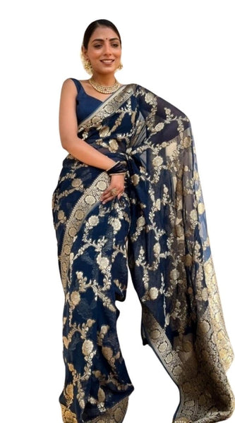 Mayawye Women's Silk Printed Saree With Unstitched Blouse 5.5Mtr (Dark Blue)