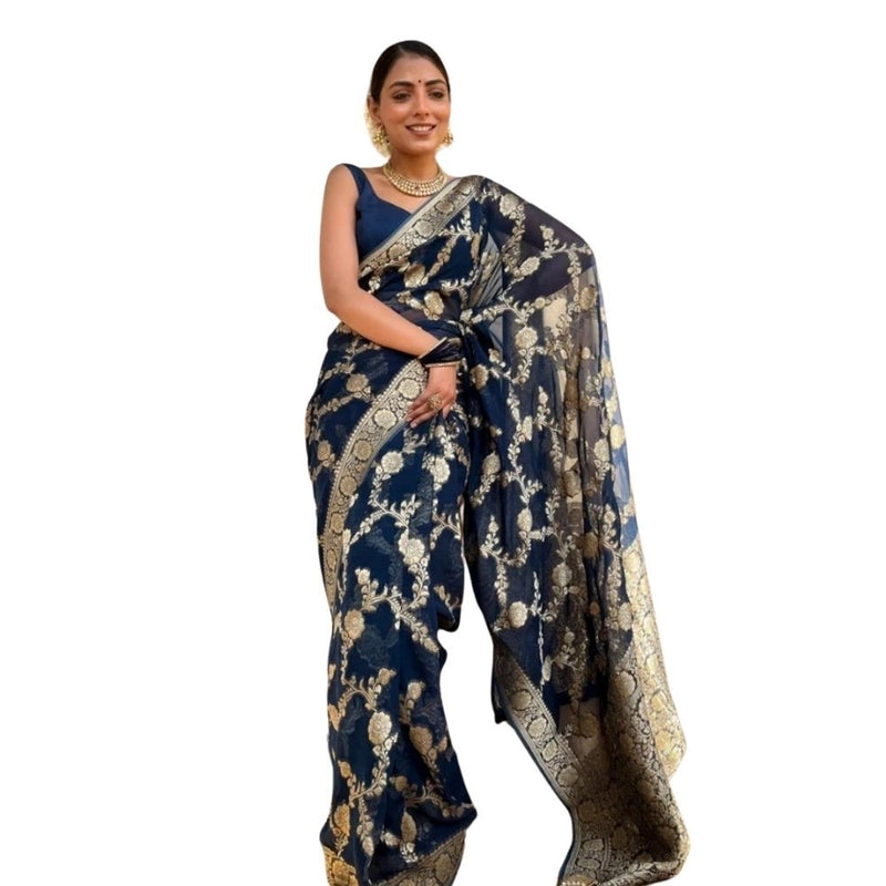 Mayawye Women's Silk Printed Saree With Unstitched Blouse 5.5Mtr (Dark Blue)