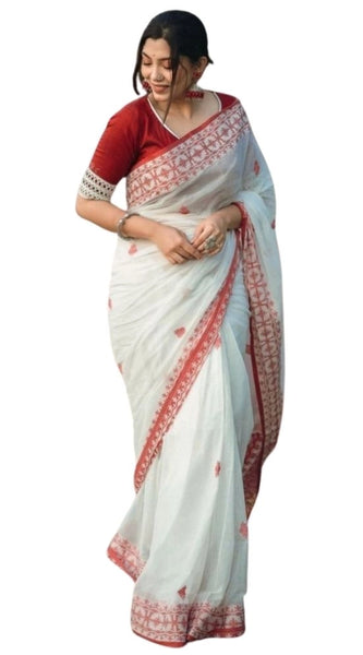 Mayawye Women's Cotton  Printed Saree With Unstitched Blouse 5.5Mtr (White-Red)