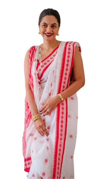 Mayawye Women's Cotton  Printed Saree With Unstitched Blouse 5.5Mtr (White-Pink)