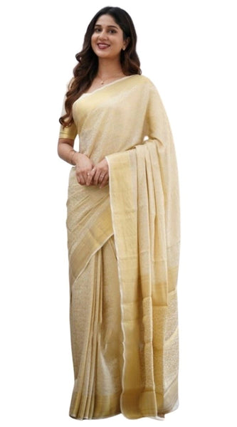 Mayawye Women's Silk Printed Saree With Unstitched Blouse 5.5Mtr (Cream)