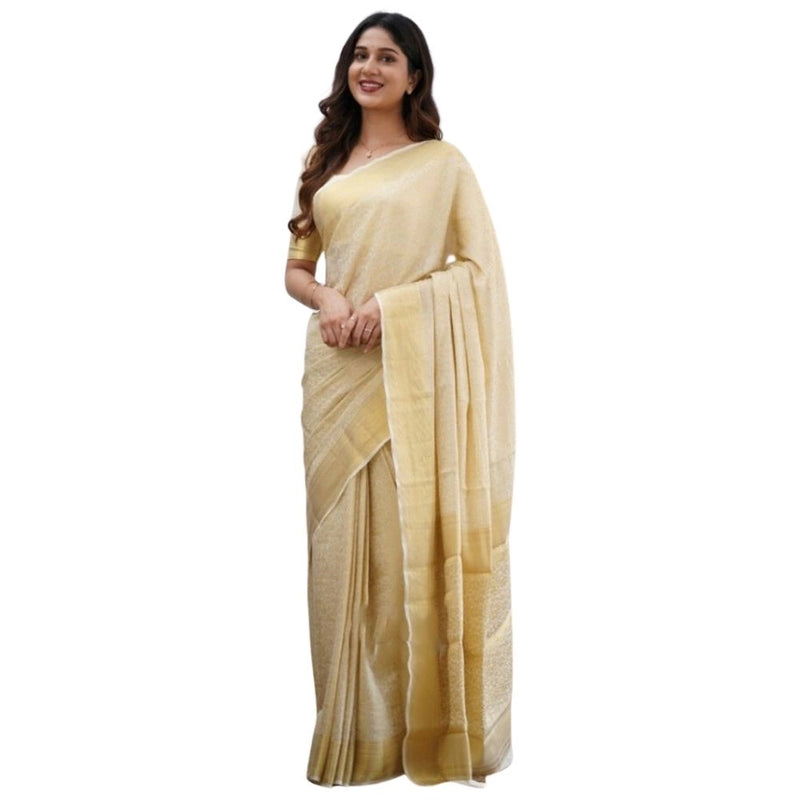 Mayawye Women's Silk Printed Saree With Unstitched Blouse 5.5Mtr (Cream)