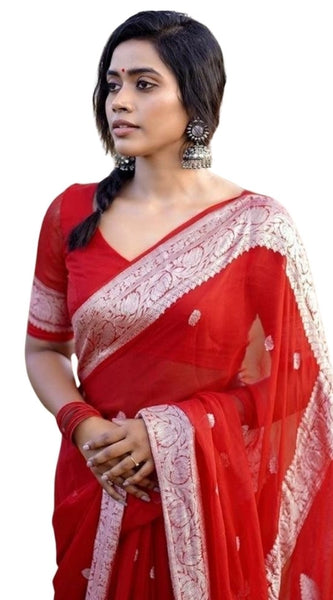 Mayawye Women's Cotton  Printed Saree With Unstitched Blouse 5.5Mtr (Red)