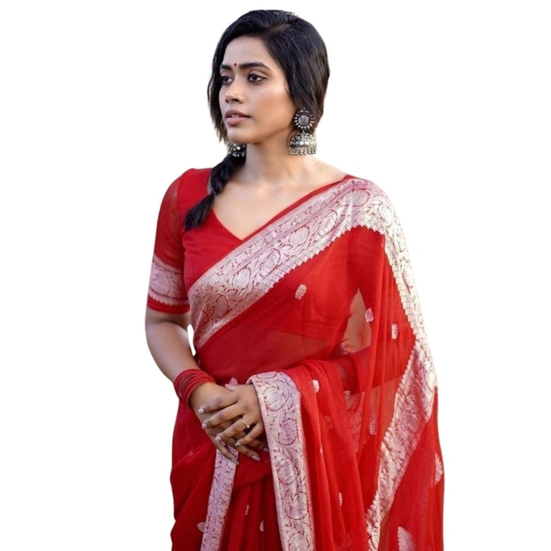 Mayawye Women's Cotton  Printed Saree With Unstitched Blouse 5.5Mtr (Red)