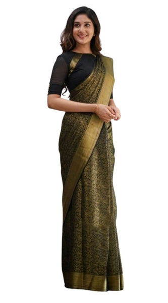 Mayawye Women's Silk Printed Saree With Unstitched Blouse 5.5Mtr (Black)