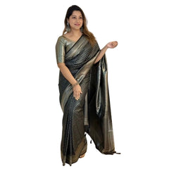 Mayawye Women's Silk Printed Saree With Unstitched Blouse 5.5Mtr (Black)
