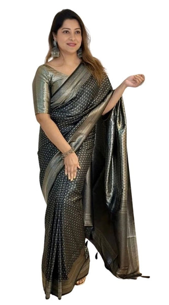 Mayawye Women's Silk Printed Saree With Unstitched Blouse 5.5Mtr (Black)