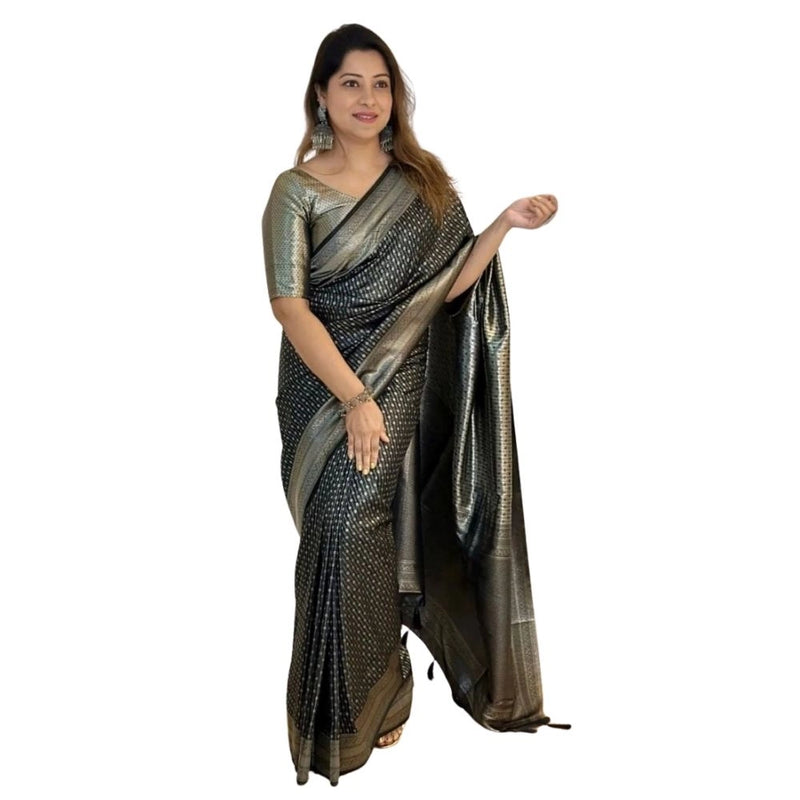 Mayawye Women's Silk Printed Saree With Unstitched Blouse 5.5Mtr (Black)