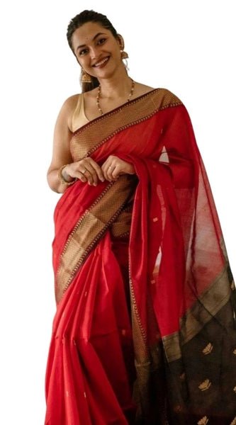 Mayawye Women's Cotton  Printed Saree With Unstitched Blouse 5.5Mtr (Red)