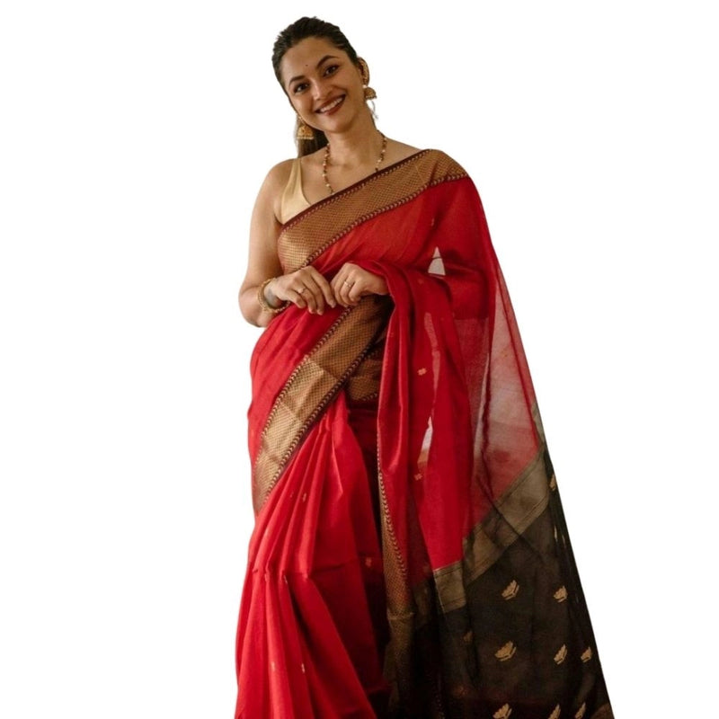 Mayawye Women's Cotton  Printed Saree With Unstitched Blouse 5.5Mtr (Red)