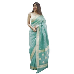 Mayawye Women's Cotton  Printed Saree With Unstitched Blouse 5.5Mtr (Sky)