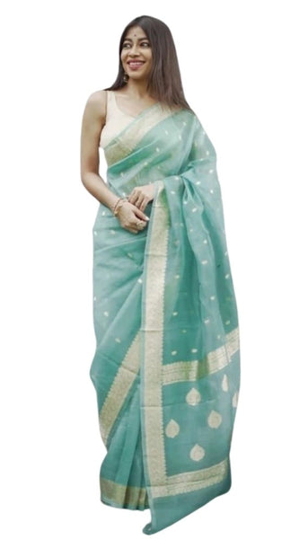 Mayawye Women's Cotton  Printed Saree With Unstitched Blouse 5.5Mtr (Sky)