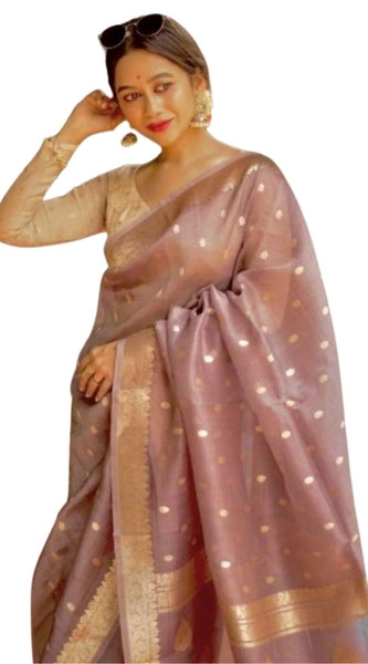 Mayawye Women's Cotton  Printed Saree With Unstitched Blouse 5.5Mtr (Rose Gold)