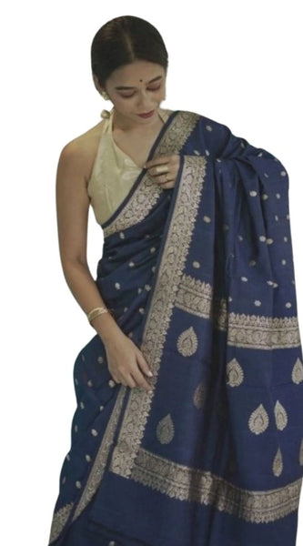 Mayawye Women's Cotton  Printed Saree With Unstitched Blouse 5.5Mtr (Navy Blue)