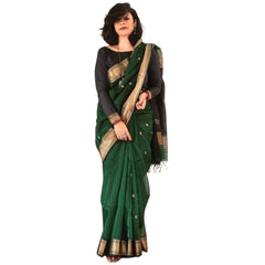Mayawye Women's Silk Printed Saree With Unstitched Blouse 5.5Mtr (Dark Green)