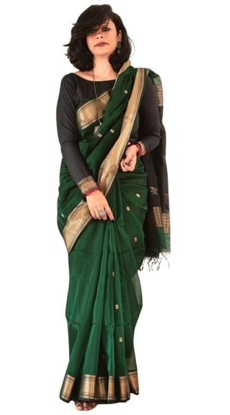 Mayawye Women's Silk Printed Saree With Unstitched Blouse 5.5Mtr (Dark Green)