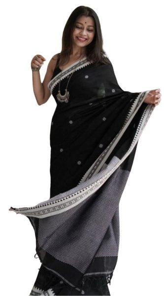 Mayawye Women's Cotton  Printed Saree With Unstitched Blouse 5.5Mtr (Black)