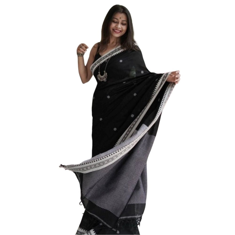 Mayawye Women's Cotton  Printed Saree With Unstitched Blouse 5.5Mtr (Black)