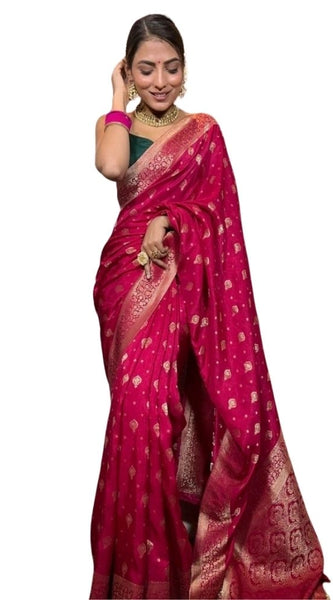 Mayawye Women's Silk Printed Saree With Unstitched Blouse 5.5Mtr (Rani Pink)