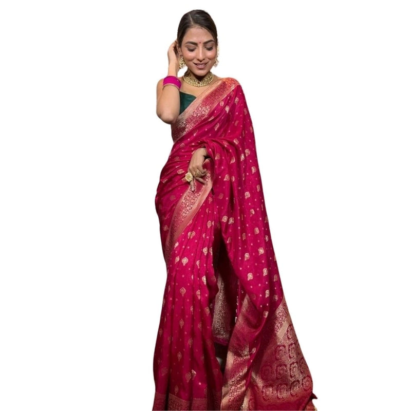 Mayawye Women's Silk Printed Saree With Unstitched Blouse 5.5Mtr (Rani Pink)