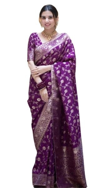Mayawye Women's Silk Printed Saree With Unstitched Blouse 5.5Mtr (Purple)