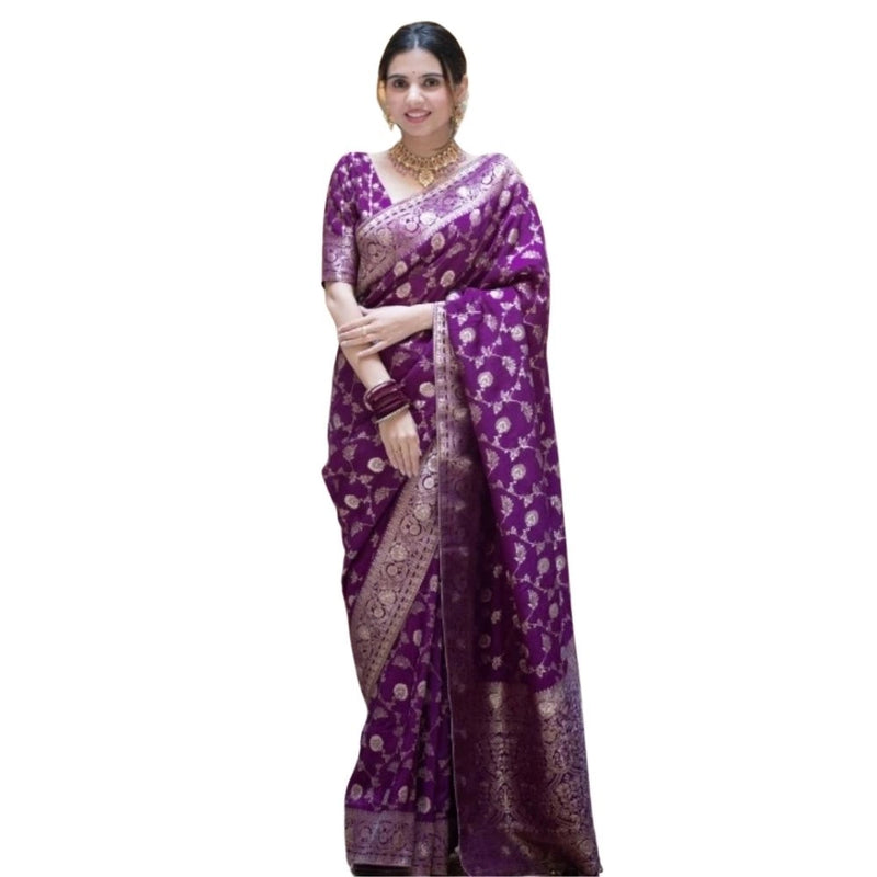 Mayawye Women's Silk Printed Saree With Unstitched Blouse 5.5Mtr (Purple)