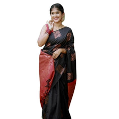 Mayawye Women's Silk Printed Saree With Unstitched Blouse 5.5Mtr (Black-Red)