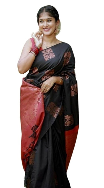 Mayawye Women's Silk Printed Saree With Unstitched Blouse 5.5Mtr (Black-Red)