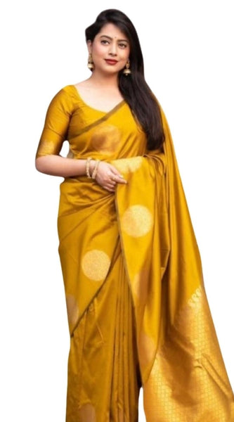 Mayawye Women's Silk Printed Saree With Unstitched Blouse 5.5Mtr (Yellow)