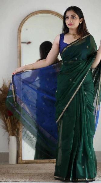 Mayawye Women's Cotton  Printed Saree With Unstitched Blouse 5.5Mtr (Green)