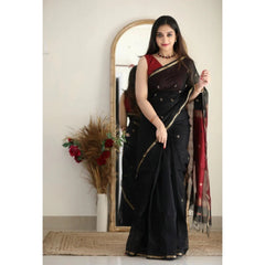 Mayawye Women's Cotton  Printed Saree With Unstitched Blouse 5.5Mtr (Black)