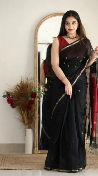 Mayawye Women's Cotton  Printed Saree With Unstitched Blouse 5.5Mtr (Black)