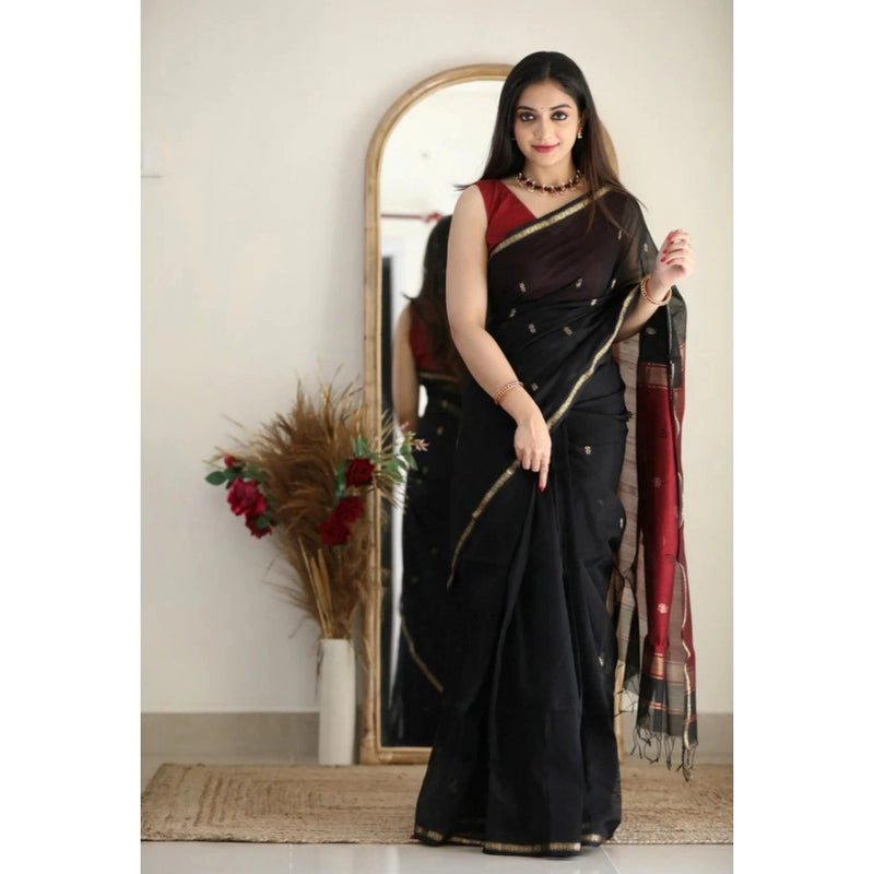 Mayawye Women's Cotton  Printed Saree With Unstitched Blouse 5.5Mtr (Black)