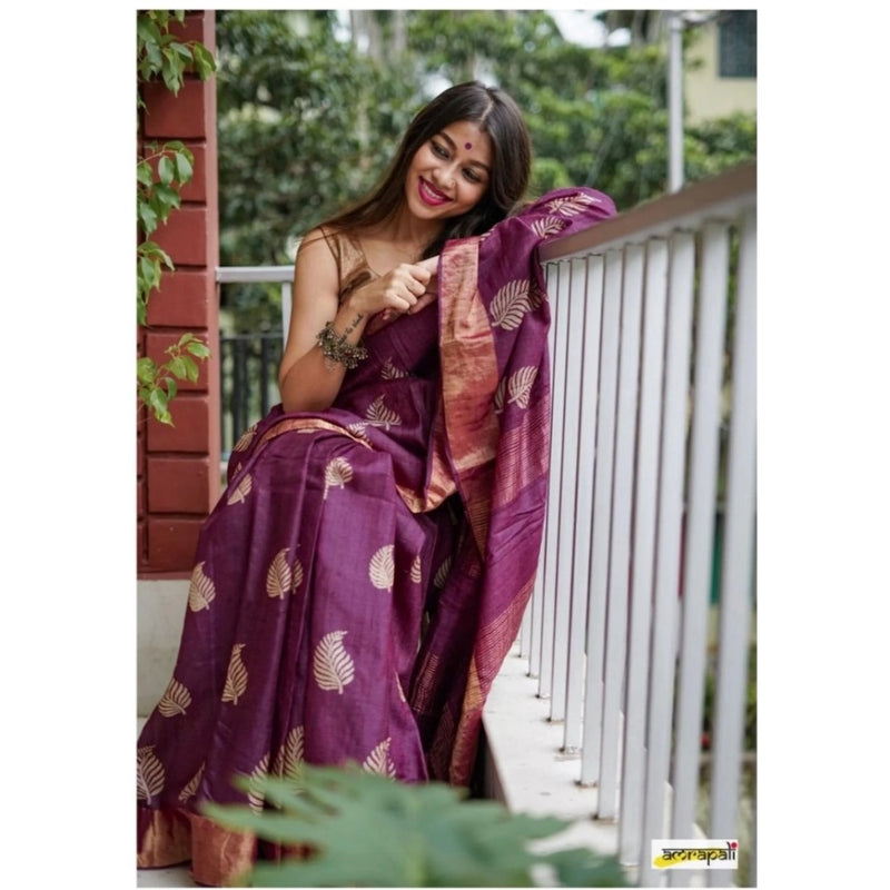 Mayawye Women's Silk Printed Saree With Unstitched Blouse 5.5Mtr (Purple)