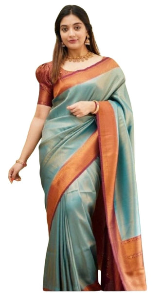 Mayawye Women's Silk Printed Saree With Unstitched Blouse 5.5Mtr (Rama)